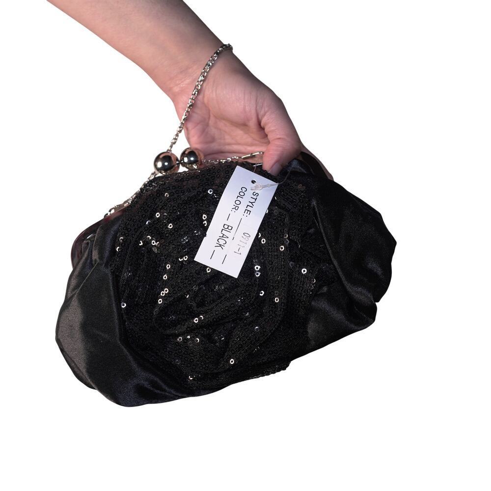 NWT Black Satin Lace & Sequin Rose Clutch Kiss Lock Holiday Evening Cottagecore